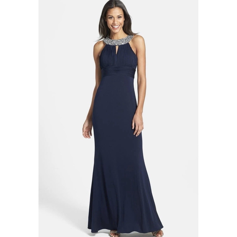 Navy Gown Sz 12 Beaded Neck Keyhole Halter Maxi Prom Formal Dress JS Boutique - Picture 13 of 14